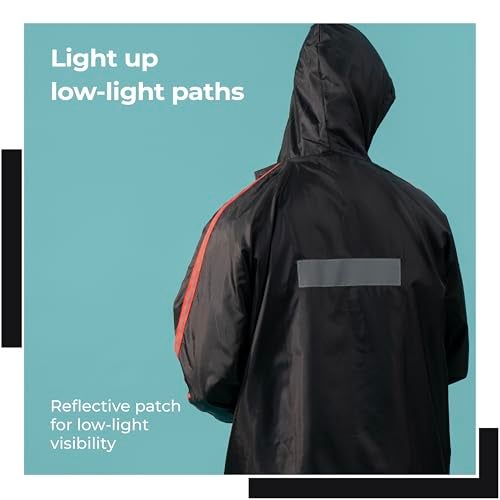 Lifelong Men's Raincoat Set | Waterproof Polyester Double-Coated Reversible Rain Suit | Hooded Jacket with Inner Mobile Pocket & Pants | Standard Length for Hiking, Camping XL Black With Red Stripe - Image 2