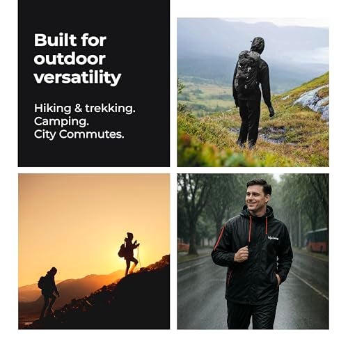 Lifelong Men's Raincoat Set | Waterproof Polyester Double-Coated Reversible Rain Suit | Hooded Jacket with Inner Mobile Pocket & Pants | Standard Length for Hiking, Camping XL Black With Red Stripe - Image 5