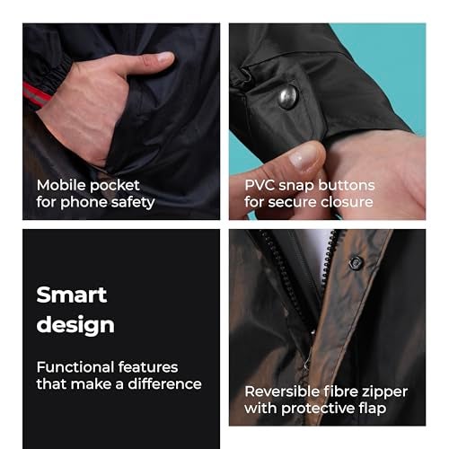 Lifelong Men's Raincoat Set | Waterproof Polyester Double-Coated Reversible Rain Suit | Hooded Jacket with Inner Mobile Pocket & Pants | Standard Length for Hiking, Camping XL Black With Red Stripe - Image 3