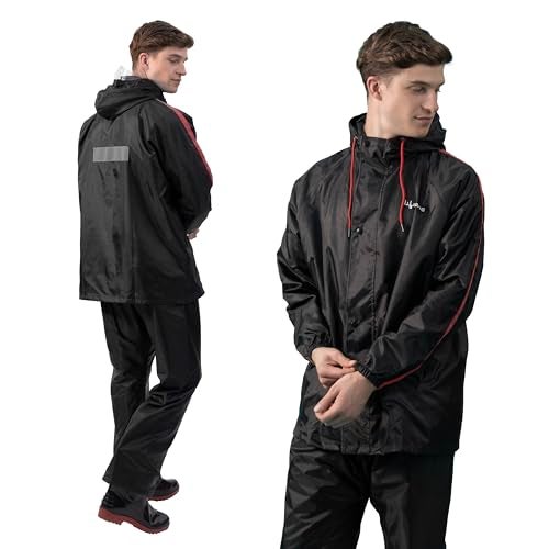 Lifelong Men's Raincoat Set | Waterproof Polyester Double-Coated Reversible Rain Suit | Hooded Jacket with Inner Mobile Pocket & Pants | Standard Length for Hiking, Camping XL Black With Red Stripe - Image 1