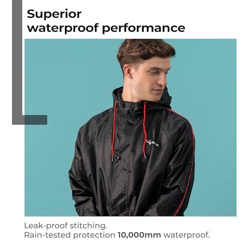 Lifelong Men's Raincoat Set | Waterproof Polyester Double-Coated Reversible Rain Suit | Hooded Jacket with Inner Mobile Pocket & Pants | Standard Length for Hiking, Camping XL Black With Red Stripe - Image 4