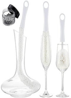 3 Pieces Wine Cleaning Brush Flexible Bottle Scourer with Stainless Steel Decanter Cleaning Balls Multi-Function Household Cleaning Tools for Goblets/Champagne Flutes/Cups/Glasses (White)