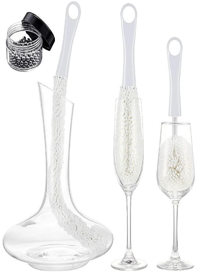 BOAO - 3 Pieces Wine Cleaning Brush Flexible Bottle Scourer with Stainless Steel Decanter Cleaning Balls Multi-Function Household Cleaning Tools for Goblets/Champagne Flutes/Cups/Glasses (White) - Image 1