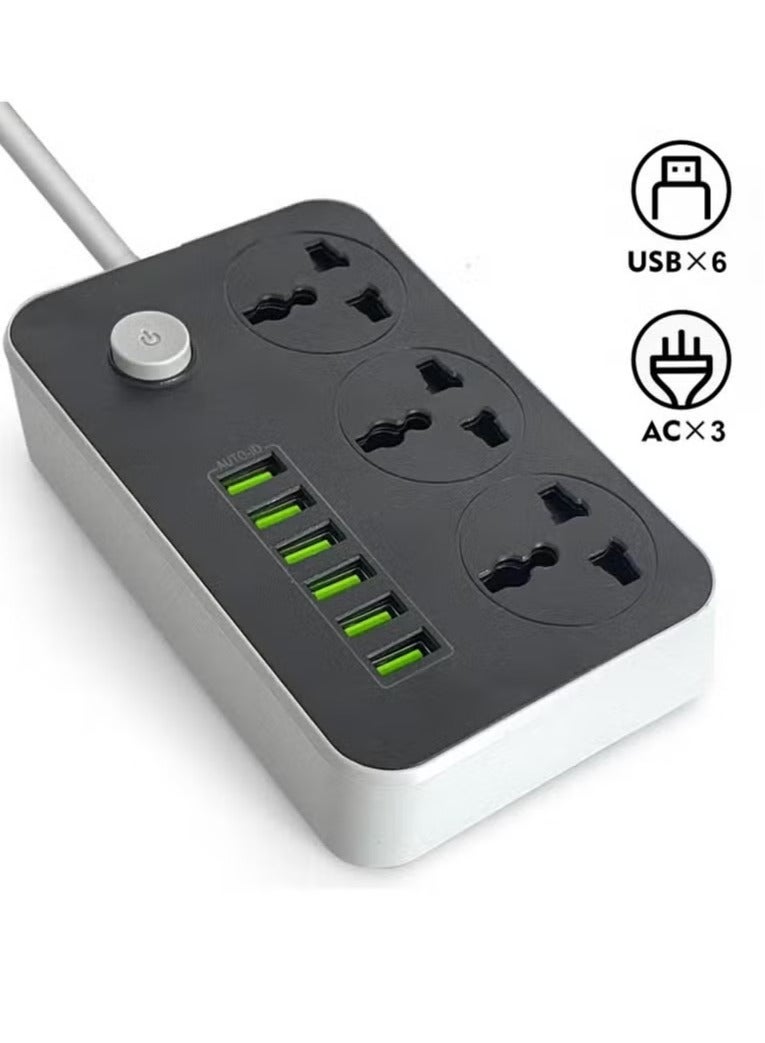 Power Strips Extension Cord 3 Outlets Power Socket with 6 USB Ports Universal Charging Socket with 2M Bold Extension Cord - Image 1