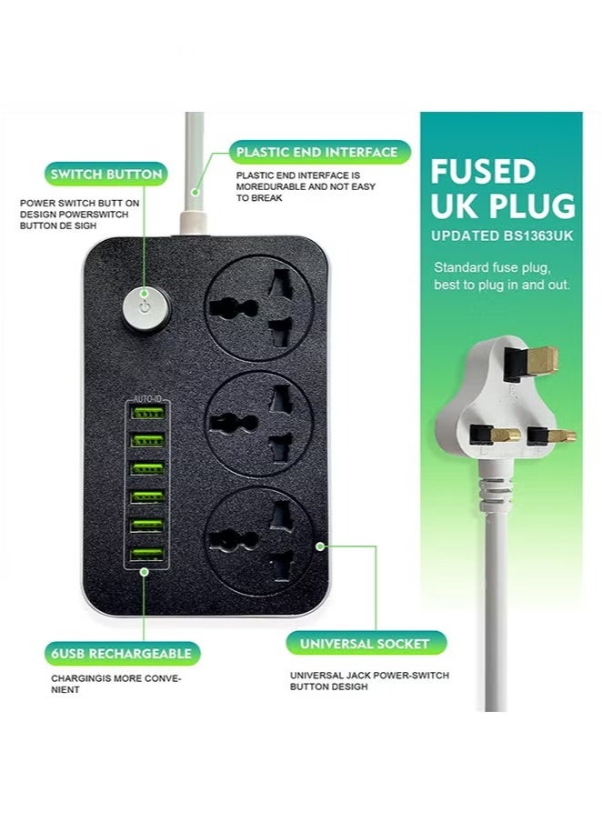 Power Strips Extension Cord 3 Outlets Power Socket with 6 USB Ports Universal Charging Socket with 2M Bold Extension Cord - Image 2