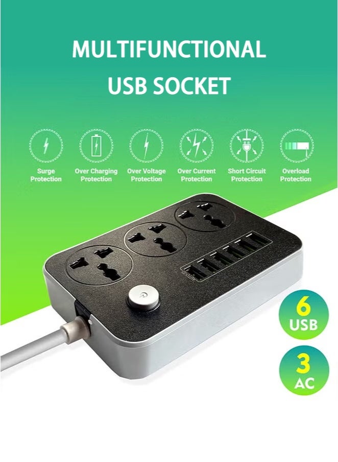Power Strips Extension Cord 3 Outlets Power Socket with 6 USB Ports Universal Charging Socket with 2M Bold Extension Cord - Image 3