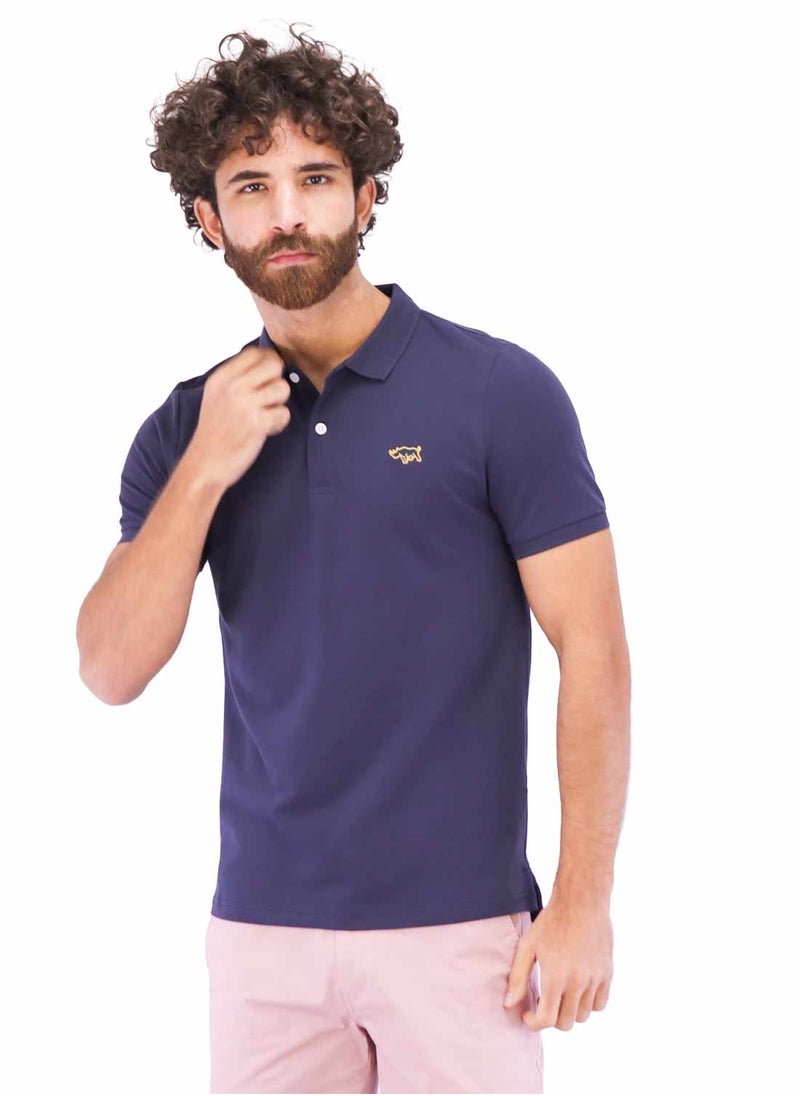 GIORDANO بولو رجالي مزين بتصميم سادة - أزرق Navy  - Image 1