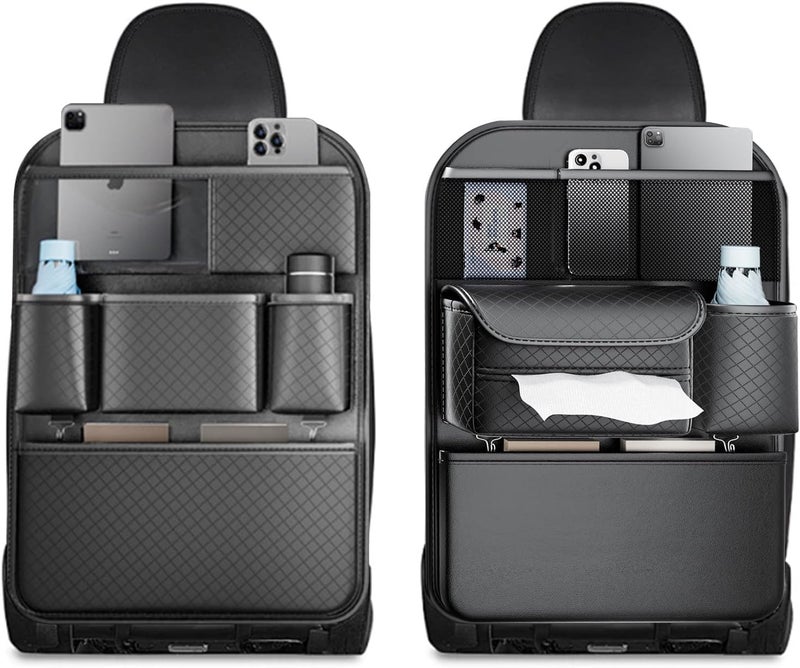 كاست ويف 2 قطع من منظم المقعد الخلفي للسيارة مع حامل الهاتف بشاشة اللمس، منظمات تخزين جلدية مع حامل المناديل، واقيات المقعد الخلفي من الركلات للأطفال وملحقات رحلات الطرق التجارية (أسود) - Image 1