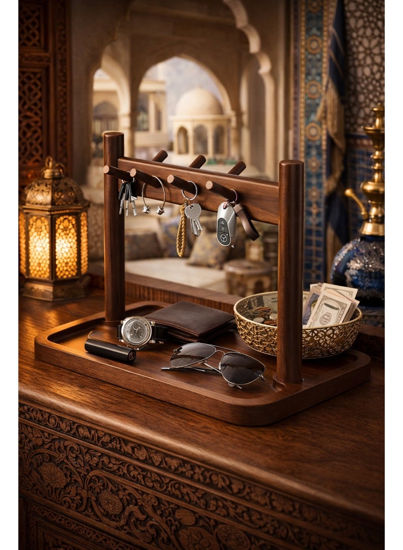 Squarecircle Modern Wooden Key Holder with Tray – Desktop Entryway Organizer for Keys, Watch, Wallet & Accessories, Multi-Hook Wood Stand for Home, Office - Image 4