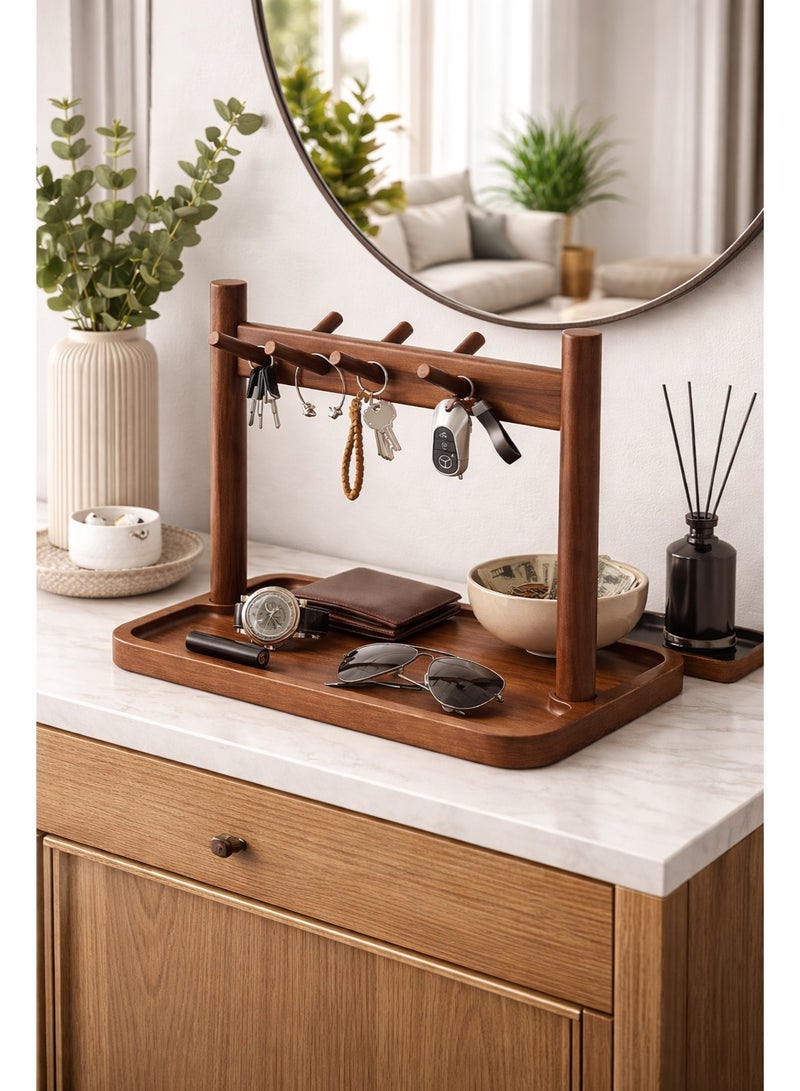 Squarecircle Modern Wooden Key Holder with Tray – Desktop Entryway Organizer for Keys, Watch, Wallet & Accessories, Multi-Hook Wood Stand for Home, Office - Image 1