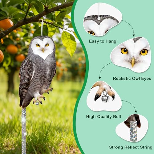 Vicsiyi Owls to Keep Birds Away: 3Pcs Fake Owl with Reflective Tape for Orchard Garden Patio Pool, Reflective Hanging Decoration to Keep Birds Pigeon from Windows Tree Vineyard - Image 3