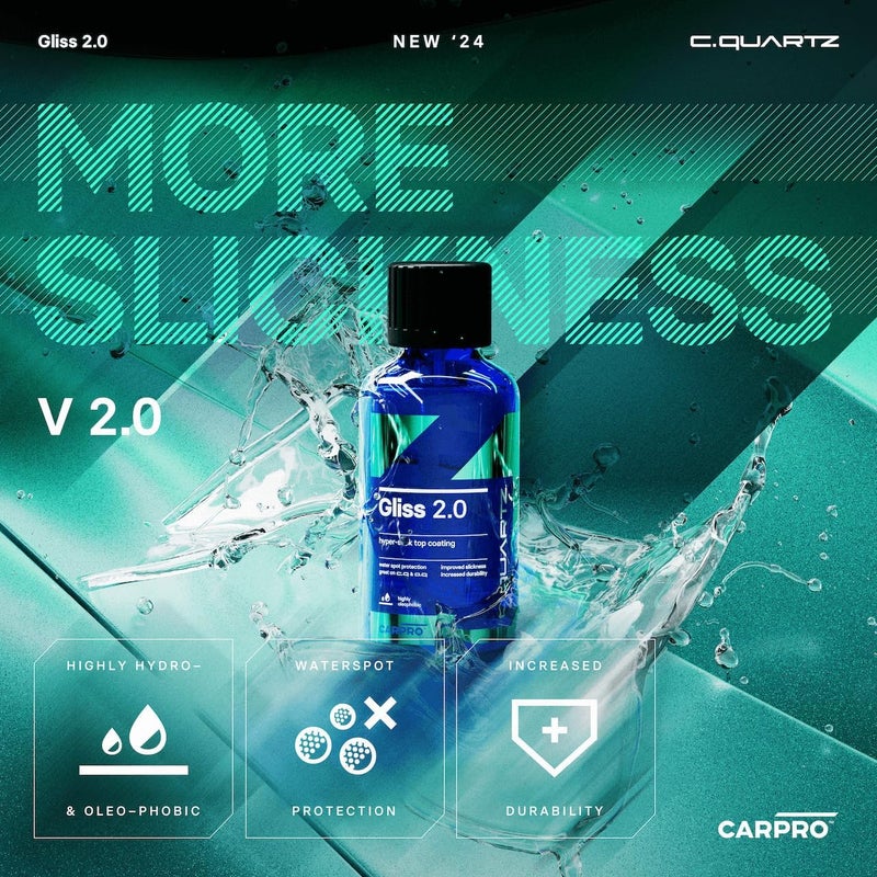 CarPro Gliss 2.0 - Ceramic Coating for Cars - Hydrophobic Topcoat – Extreme Slickness & Water Spot Protection w/Microfiber Applicators - Repels Oil, Dirt & Grime Making Car Easy to Clean - 50ml Kit - Image 2