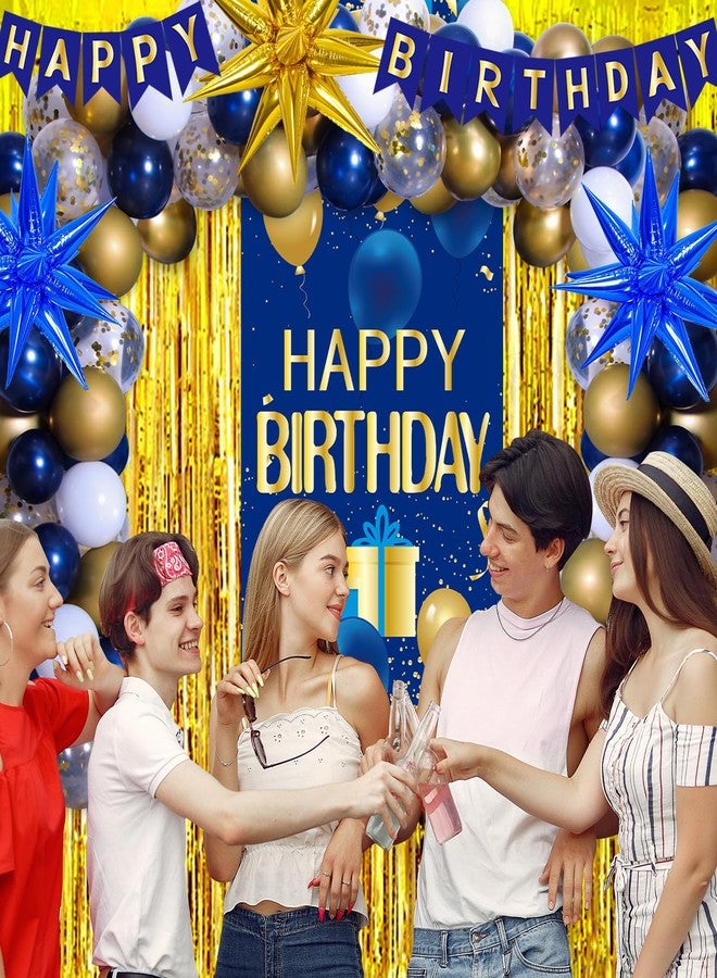 Pounira Blue and Gold Birthday Decorations for Men Women, Happy Birthday Decorations for Boys Girls Happy Birthday Banner, Balloons, Tablecloth, Foil Backdrop Star Balloons Bday Party Decor for Him Her - Image 3