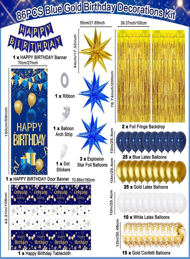 Pounira Blue and Gold Birthday Decorations for Men Women, Happy Birthday Decorations for Boys Girls Happy Birthday Banner, Balloons, Tablecloth, Foil Backdrop Star Balloons Bday Party Decor for Him Her - Image 2