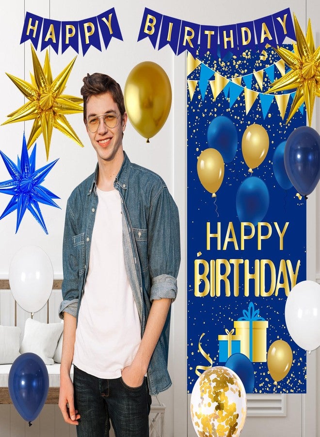 Pounira Blue and Gold Birthday Decorations for Men Women, Happy Birthday Decorations for Boys Girls Happy Birthday Banner, Balloons, Tablecloth, Foil Backdrop Star Balloons Bday Party Decor for Him Her - Image 4