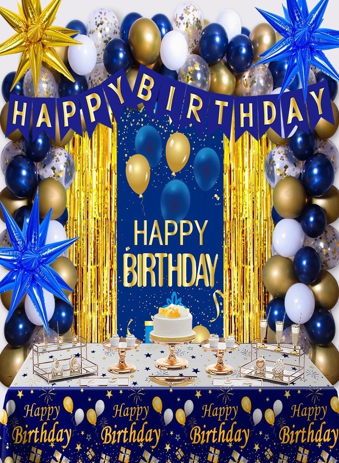 Pounira Blue and Gold Birthday Decorations for Men Women, Happy Birthday Decorations for Boys Girls Happy Birthday Banner, Balloons, Tablecloth, Foil Backdrop Star Balloons Bday Party Decor for Him Her - Image 1