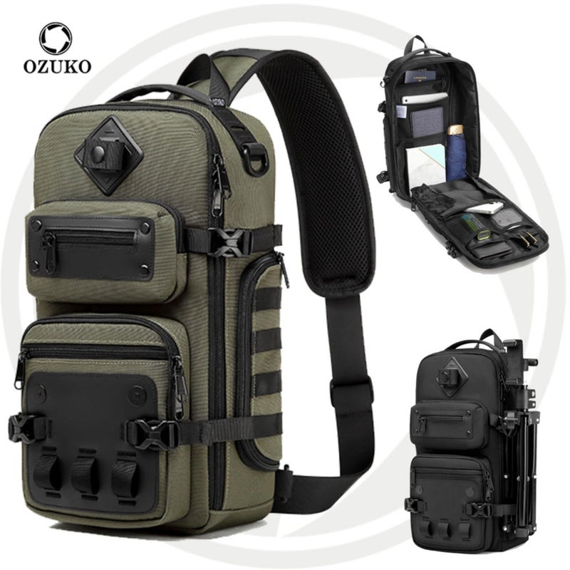OZUKO Waterproof Tactical Crossbody Sling Shoulder Bag With Tripod Holder, 13L Compact EDC Multi-Compartment Travel Work Photography Bag, Army Green, 9585 - Image 3