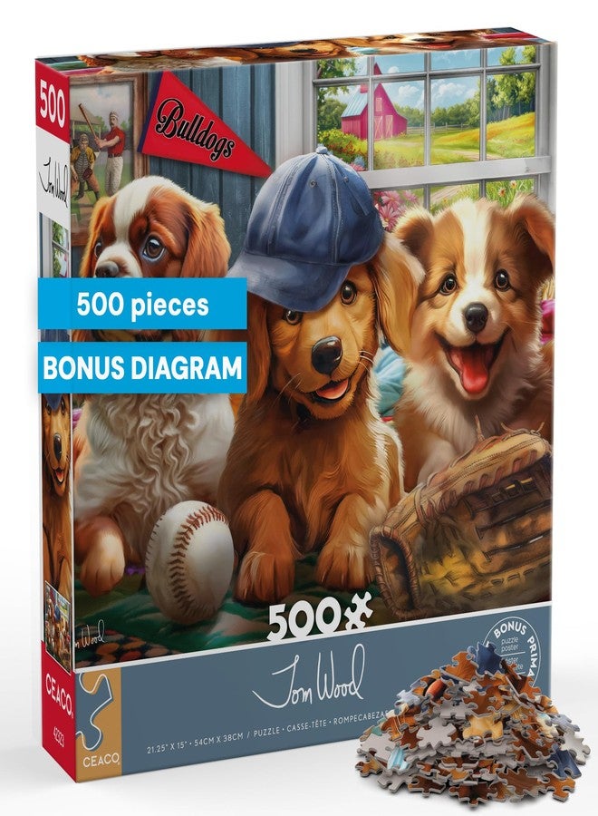 سيكو لعبة تركيب الصور Ceaco - Puppy Players - 500 قطعة كبيرة الحجم من تصميم توم وود، كلاب بيسبول مرحة، قطع كبيرة سهلة الإمساك، صنع في الولايات المتحدة الأمريكية - Image 1