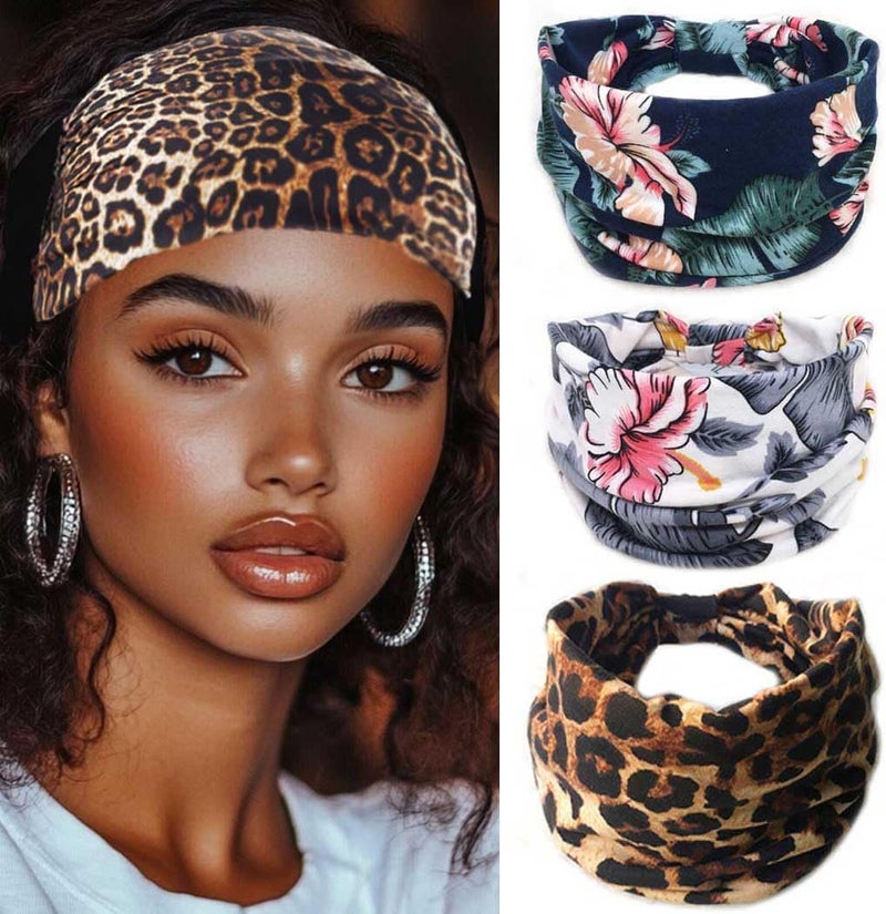 Leopard Headbands Boho Wide Headscarf Elastic Yoga Hair Bands Knot Turban Head Wraps for Women and Girls Pack of 3