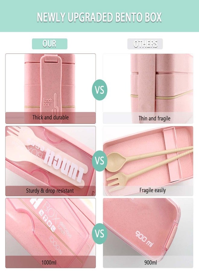 Meltset M Bento Box Japanese Lunch Box Kit Leakproof Bento Lunch Box for Kids Adults Wheat Straw 3 Layer Stackable Lunch Containers with Compartment Eco-Friendly Meal Prep Containers (Pink) - Image 2