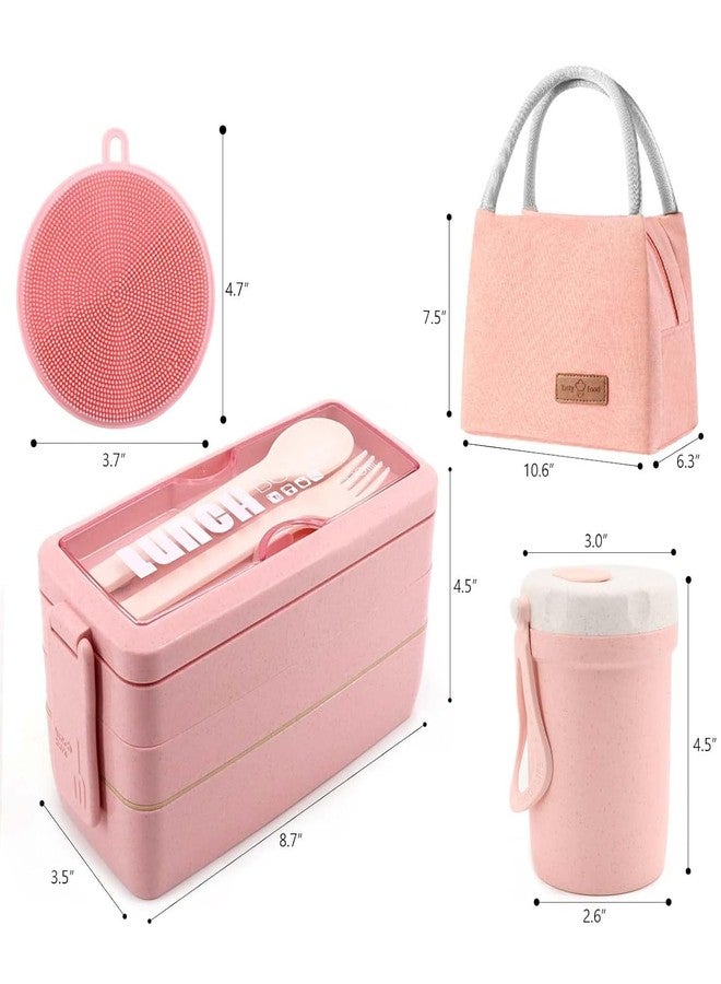 Meltset M Bento Box Japanese Lunch Box Kit Leakproof Bento Lunch Box for Kids Adults Wheat Straw 3 Layer Stackable Lunch Containers with Compartment Eco-Friendly Meal Prep Containers (Pink) - Image 4