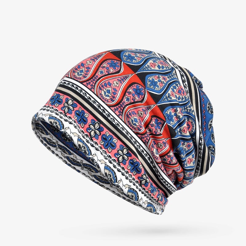 Spring Autumn and Winter Pullover Cap Women's Moon Hat Bib Dual-purpose Ethnic Style Velvet Warm Tapes Hat Women's Bag Headgear Cashew small green flowers-wine red - Image 5