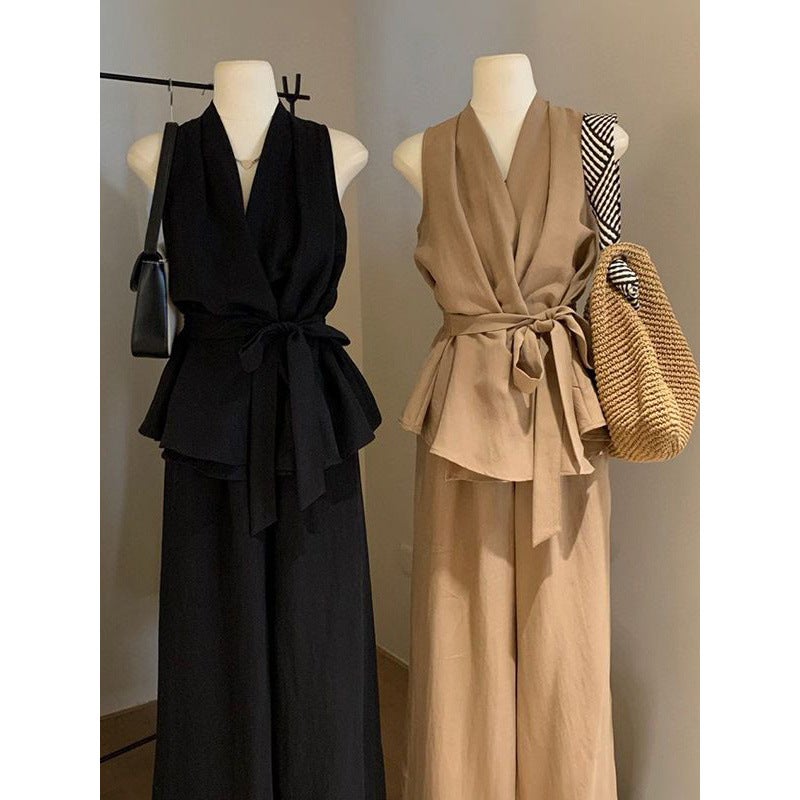 French Asymmetrical V Neck Cross Halterneck Camisole + Wide-Leg Pants Womens 2025 Summer New Suit Trend Black top + black pants 