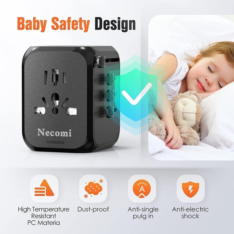 نكومي محول سفر عالمي نيكومي، محول طاقة شاحن دولي، محول قابس تيار متردد للحائط مع 3 USB و 1 Type-C للاستخدام في الولايات المتحدة وأوروبا والمملكة المتحدة وأستراليا محول السفر (أسود مع حقيبة تخزين، 15W-3A1C) - Image 5