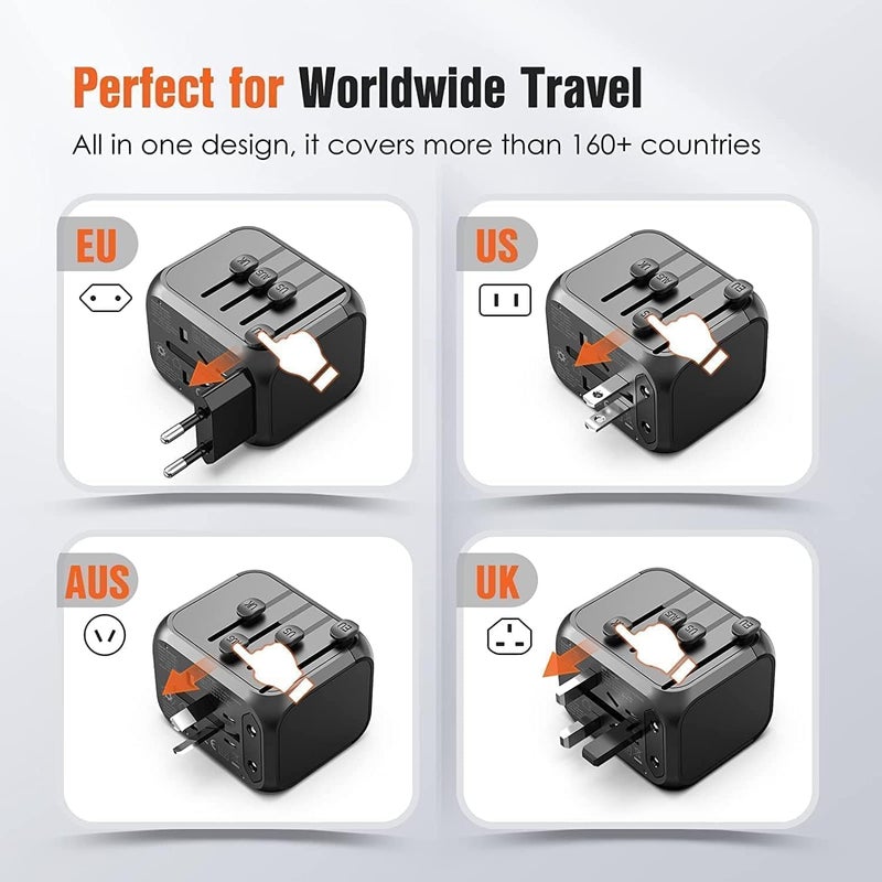 نكومي محول سفر عالمي نيكومي، محول طاقة شاحن دولي، محول قابس تيار متردد للحائط مع 3 USB و 1 Type-C للاستخدام في الولايات المتحدة وأوروبا والمملكة المتحدة وأستراليا محول السفر (أسود مع حقيبة تخزين، 15W-3A1C) - Image 2