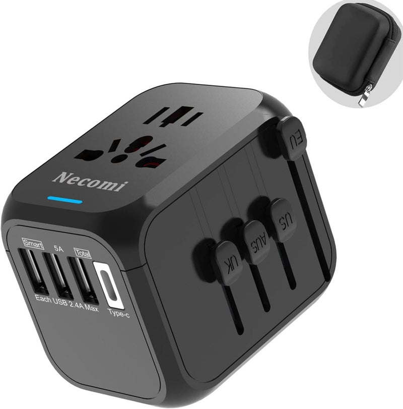 نكومي محول سفر عالمي نيكومي، محول طاقة شاحن دولي، محول قابس تيار متردد للحائط مع 3 USB و 1 Type-C للاستخدام في الولايات المتحدة وأوروبا والمملكة المتحدة وأستراليا محول السفر (أسود مع حقيبة تخزين، 15W-3A1C) - Image 1
