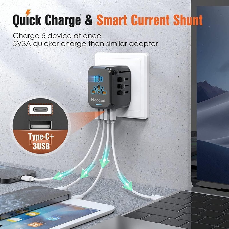 نكومي محول سفر عالمي نيكومي، محول طاقة شاحن دولي، محول قابس تيار متردد للحائط مع 3 USB و 1 Type-C للاستخدام في الولايات المتحدة وأوروبا والمملكة المتحدة وأستراليا محول السفر (أسود مع حقيبة تخزين، 15W-3A1C) - Image 3