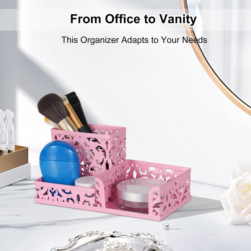 EasyPAG Desk Organizer 3 Compartment Pen Holder for Desk Office Supplies Caddy with Sticky Notes Holder for School Home, Pink - Image 4