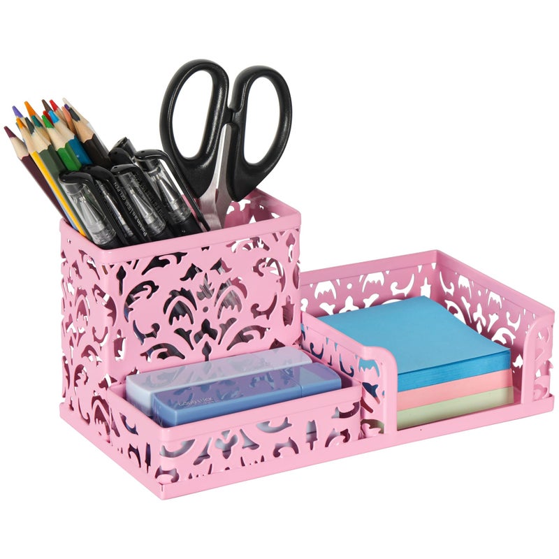 EasyPAG Desk Organizer 3 Compartment Pen Holder for Desk Office Supplies Caddy with Sticky Notes Holder for School Home, Pink - Image 1