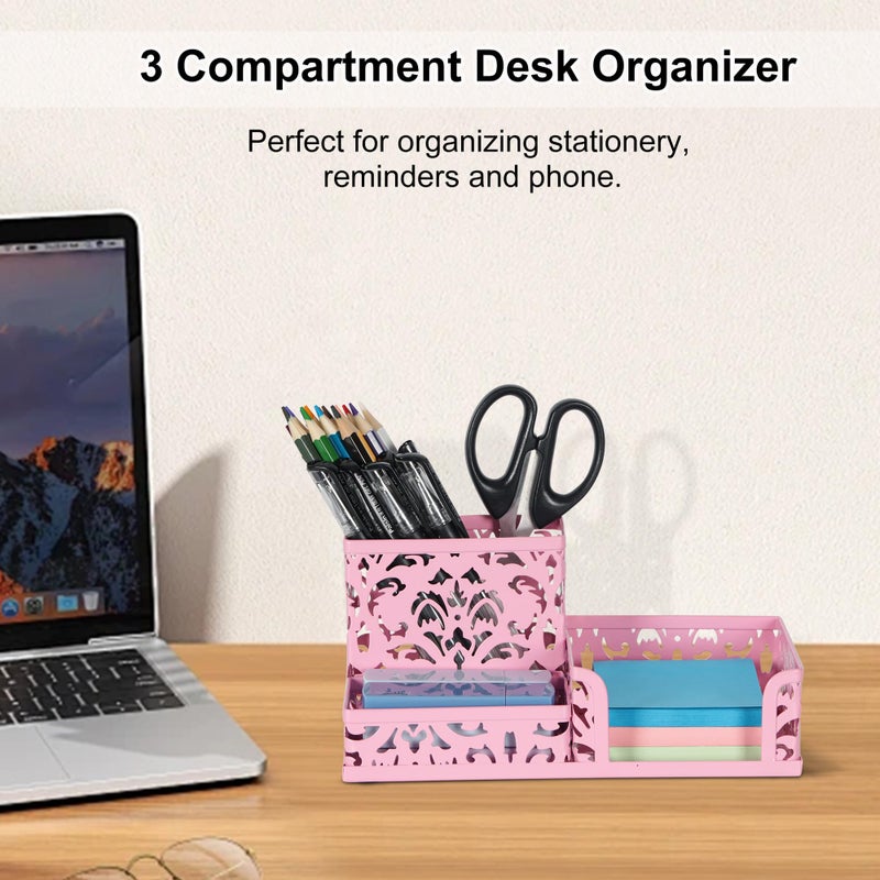 EasyPAG Desk Organizer 3 Compartment Pen Holder for Desk Office Supplies Caddy with Sticky Notes Holder for School Home, Pink - Image 2
