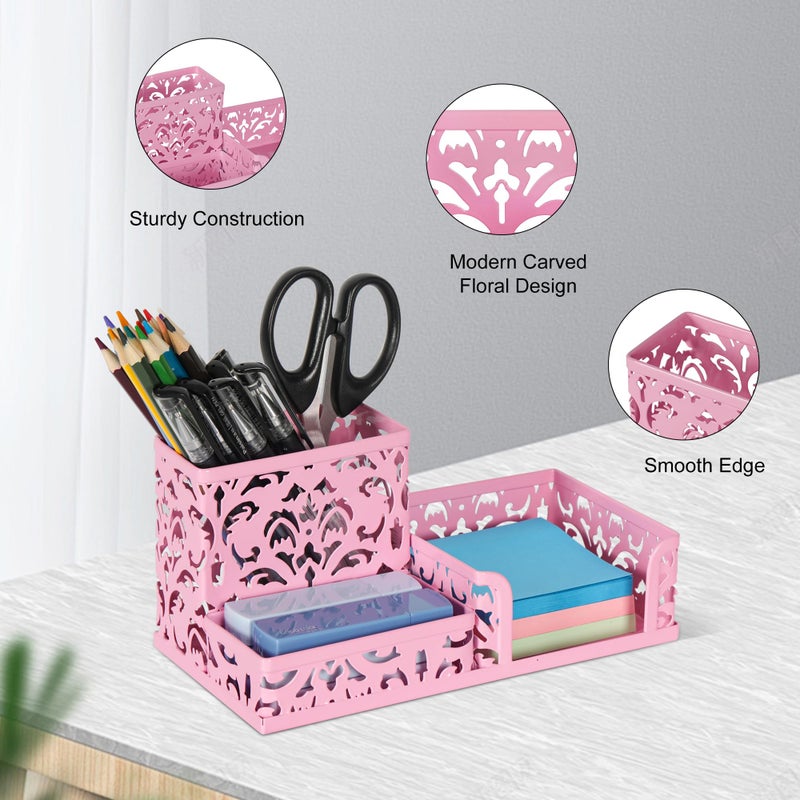 EasyPAG Desk Organizer 3 Compartment Pen Holder for Desk Office Supplies Caddy with Sticky Notes Holder for School Home, Pink - Image 3