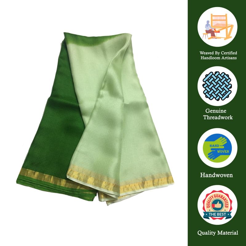 SheenKraft | Women's Cotton Art Silk Handloom Bhagalpuri Textured Check Two Dye Net Saree-Free Size-Variation (11914 Gold-Avocado Green) - Image 2