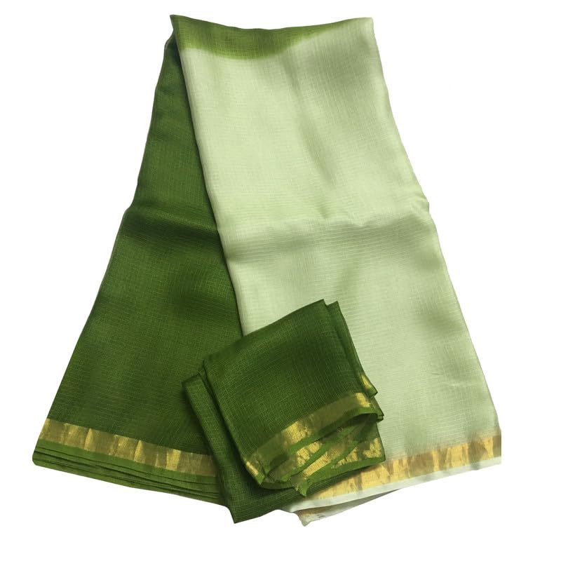 SheenKraft | Women's Cotton Art Silk Handloom Bhagalpuri Textured Check Two Dye Net Saree-Free Size-Variation (11914 Gold-Avocado Green) - Image 1