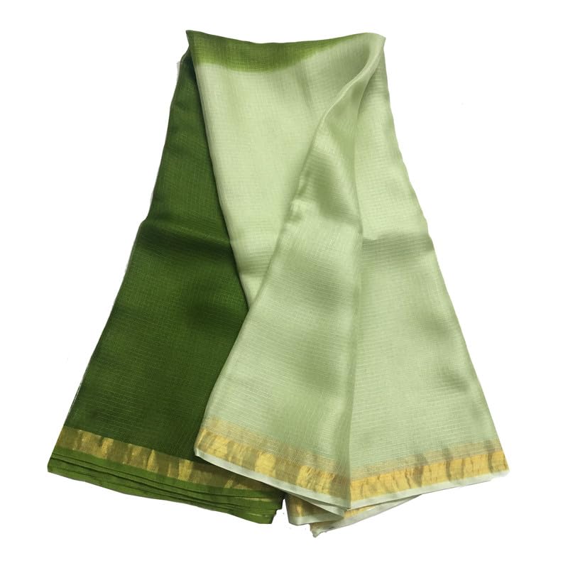 SheenKraft | Women's Cotton Art Silk Handloom Bhagalpuri Textured Check Two Dye Net Saree-Free Size-Variation (11914 Gold-Avocado Green) - Image 4