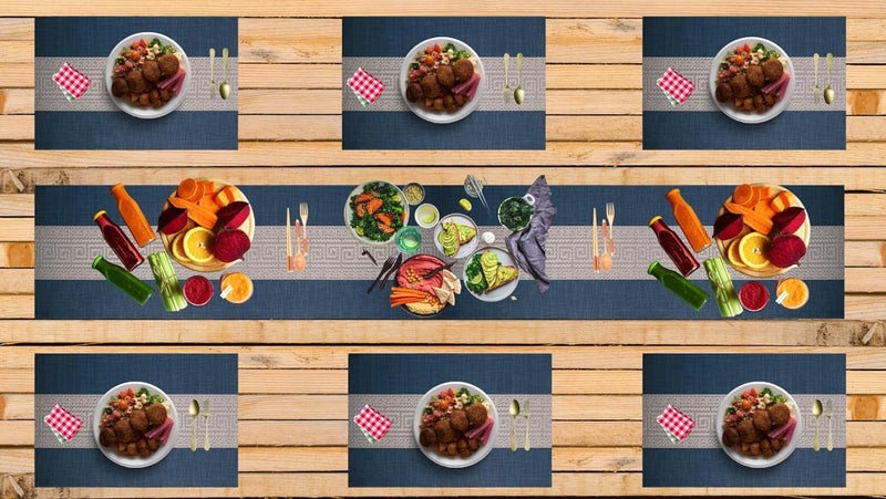 Lellow Lellow Woven Vinyl Stylish Washable Dining 6 Dinner Placemats with 1 Table Runner Midnight Blue Pack of 7 