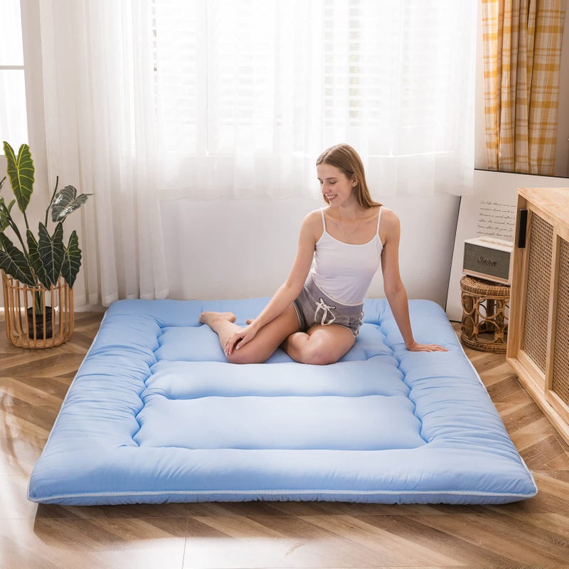 MAXYOYO MAXYOYO Japanese Floor Mattress Futon Mattress Thicken Sleeping Pad Foldable Roll Up Floor Futon for Adults Tatami Mat Dormitory Bed Lounger Dusty Blue Queen Size 