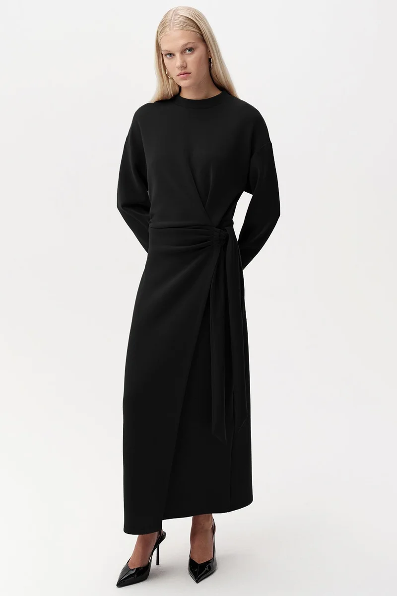 EXQUISE Crew Neck Tie Detail Regular Midi Dress