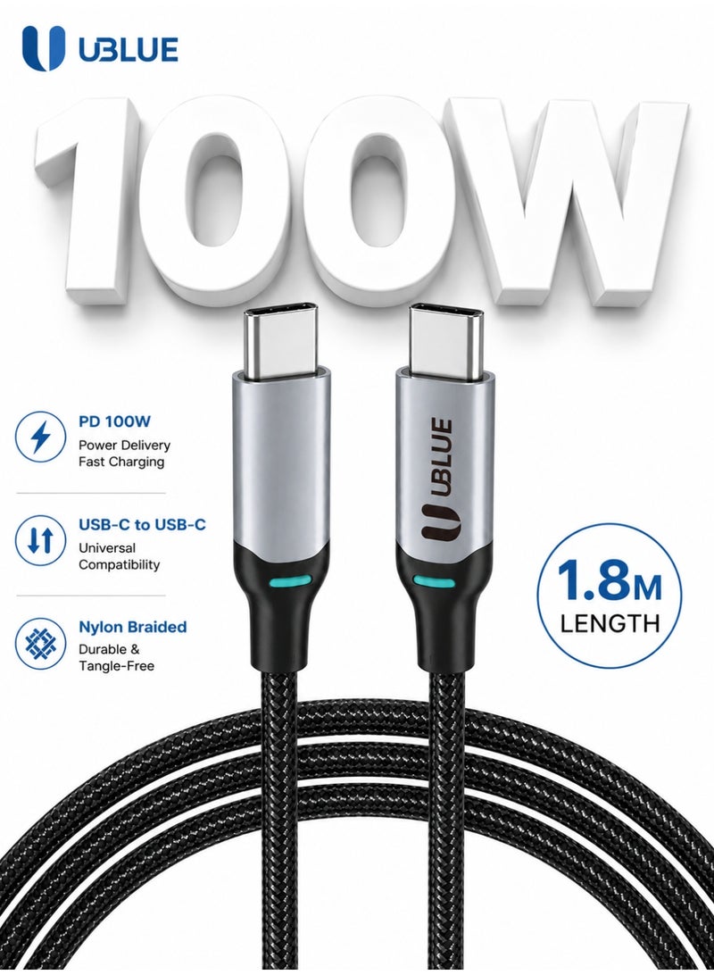 يوبلو كابل UBLUE USB-C إلى USB-C، بقدرة قصوى 100 واط، شحن سريع، طول 1.8 متر، من النوع C، مضفر من النايلون، سرعة نقل بيانات تصل إلى 480 ميجابت في الثانية، متوافق مع أجهزة iPhone 15/16/17 Pro Max، وiPad، وMacBook Pro، وSamsung S25 Ultra/S24/23 - Image 1
