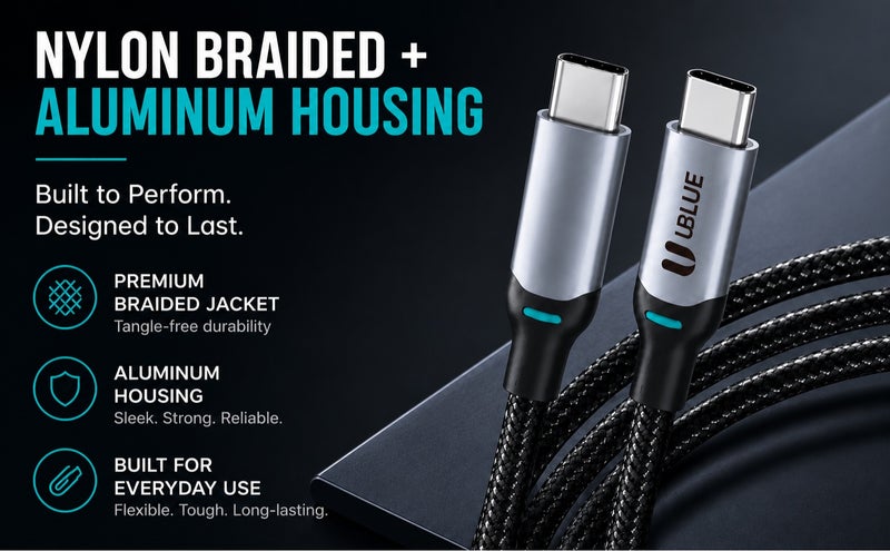يوبلو كابل UBLUE USB-C إلى USB-C، بقدرة قصوى 100 واط، شحن سريع، طول 1.8 متر، من النوع C، مضفر من النايلون، سرعة نقل بيانات تصل إلى 480 ميجابت في الثانية، متوافق مع أجهزة iPhone 15/16/17 Pro Max، وiPad، وMacBook Pro، وSamsung S25 Ultra/S24/23 - Image 2