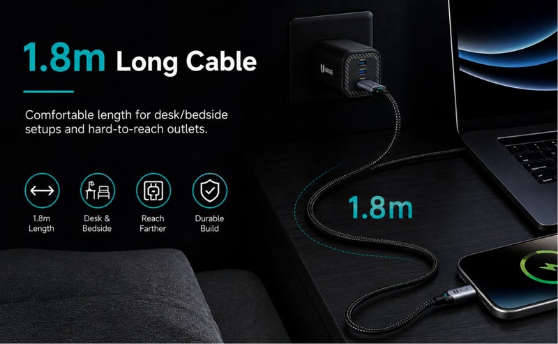 يوبلو كابل UBLUE USB-C إلى USB-C، بقدرة قصوى 100 واط، شحن سريع، طول 1.8 متر، من النوع C، مضفر من النايلون، سرعة نقل بيانات تصل إلى 480 ميجابت في الثانية، متوافق مع أجهزة iPhone 15/16/17 Pro Max، وiPad، وMacBook Pro، وSamsung S25 Ultra/S24/23 - Image 3