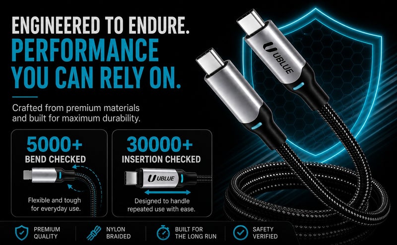 يوبلو كابل UBLUE USB-C إلى USB-C، بقدرة قصوى 100 واط، شحن سريع، طول 1.8 متر، من النوع C، مضفر من النايلون، سرعة نقل بيانات تصل إلى 480 ميجابت في الثانية، متوافق مع أجهزة iPhone 15/16/17 Pro Max، وiPad، وMacBook Pro، وSamsung S25 Ultra/S24/23 - Image 4