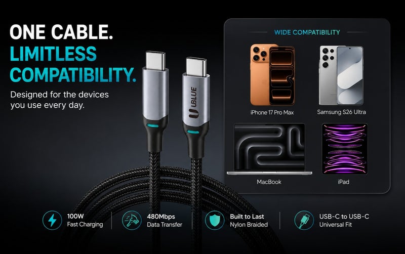يوبلو كابل UBLUE USB-C إلى USB-C، بقدرة قصوى 100 واط، شحن سريع، طول 1.8 متر، من النوع C، مضفر من النايلون، سرعة نقل بيانات تصل إلى 480 ميجابت في الثانية، متوافق مع أجهزة iPhone 15/16/17 Pro Max، وiPad، وMacBook Pro، وSamsung S25 Ultra/S24/23 - Image 5