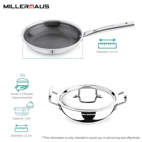 Millerhaus Millerhaus 3 Pcs Triply Honeycomb Cookware Set - 22cm (2.6L) Kadai with Lid, 22cm Frypan, Honeycomb Pattern, Non-Stick Coating, Faster Heating, Stay Cool Handle - Induction Bottom - Image 3