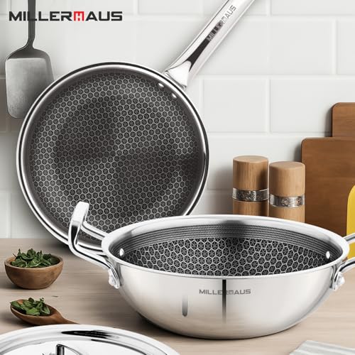 Millerhaus Millerhaus 3 Pcs Triply Honeycomb Cookware Set - 22cm (2.6L) Kadai with Lid, 22cm Frypan, Honeycomb Pattern, Non-Stick Coating, Faster Heating, Stay Cool Handle - Induction Bottom - Image 2