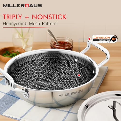 Millerhaus Millerhaus 3 Pcs Triply Honeycomb Cookware Set - 22cm (2.6L) Kadai with Lid, 22cm Frypan, Honeycomb Pattern, Non-Stick Coating, Faster Heating, Stay Cool Handle - Induction Bottom - Image 4
