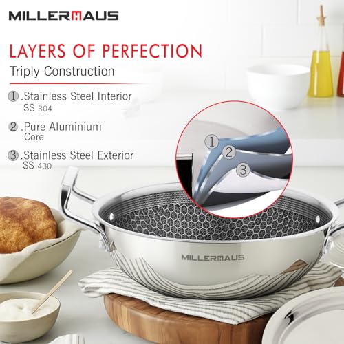 Millerhaus Millerhaus 3 Pcs Triply Honeycomb Cookware Set - 22cm (2.6L) Kadai with Lid, 22cm Frypan, Honeycomb Pattern, Non-Stick Coating, Faster Heating, Stay Cool Handle - Induction Bottom - Image 5